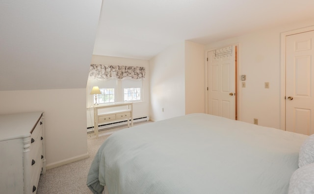 bedroom with a baseboard radiator, light colored carpet, lofted ceiling, and baseboards