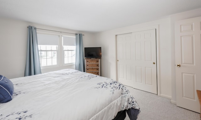 bedroom featuring light carpet and a closet