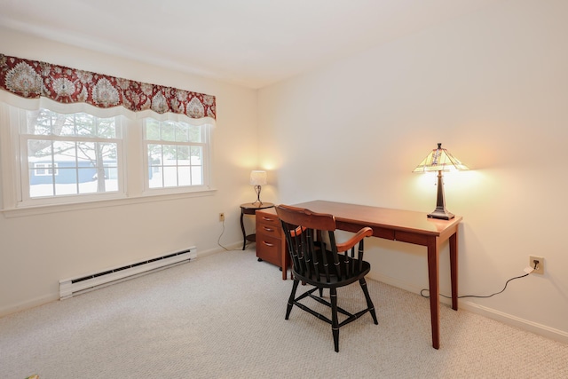 home office featuring light carpet, baseboards, and baseboard heating