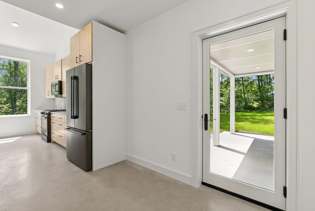 41 Mattie Ln, Durham, ME 04222 - kitchen featuring stainless steel appliances, finished concrete floors, light brown cabinets, and recessed lighting