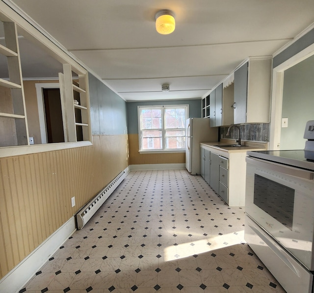 kitchen with range with electric cooktop, wooden walls, sink, baseboard heating, and crown molding