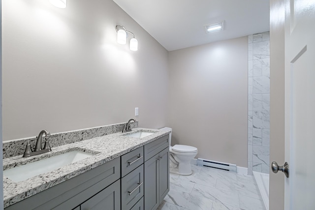 bathroom featuring vanity, a baseboard heating unit, walk in shower, and toilet