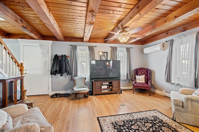 living room featuring a baseboard radiator, a wall mounted AC, wood ceiling, light hardwood / wood-style floors, and beam ceiling