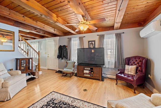 living room featuring ceiling fan, hardwood / wood-style floors, beam ceiling, a wall mounted AC, and wooden ceiling