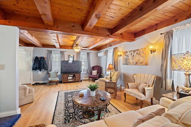 living room featuring beamed ceiling, a wall mounted AC, light hardwood / wood-style floors, and wooden ceiling