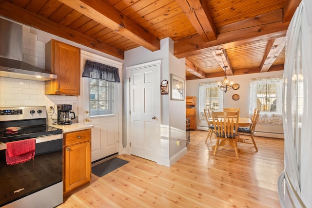 kitchen with stainless steel range with electric stovetop, tasteful backsplash, wooden ceiling, wall chimney exhaust hood, and light wood-type flooring