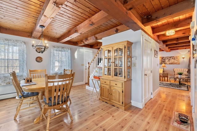 dining space featuring an inviting chandelier, wooden ceiling, light hardwood / wood-style flooring, and a wealth of natural light