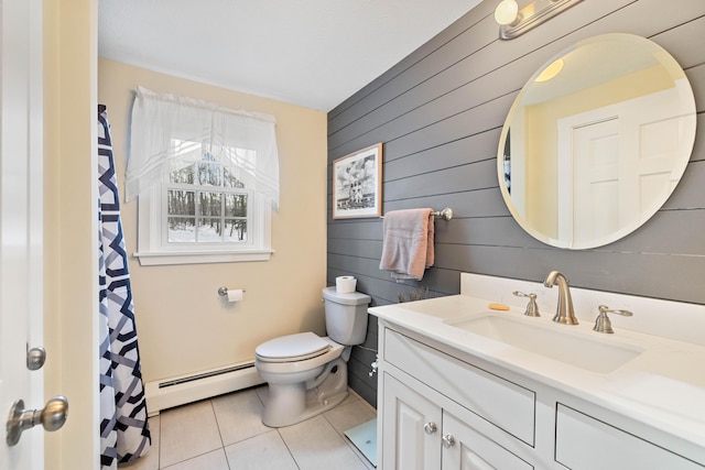 bathroom featuring wood walls, tile patterned flooring, vanity, baseboard heating, and toilet