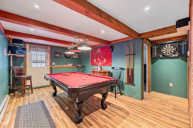 game room featuring wood-type flooring, a baseboard heating unit, pool table, and beam ceiling