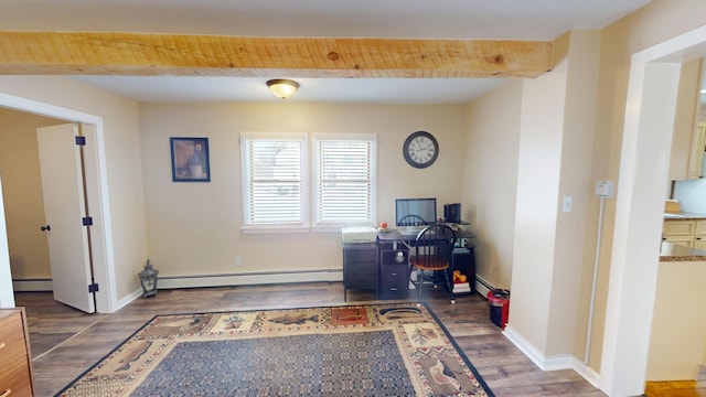 office space with dark wood-type flooring, a baseboard radiator, and beamed ceiling