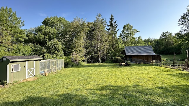 view of yard featuring a storage unit