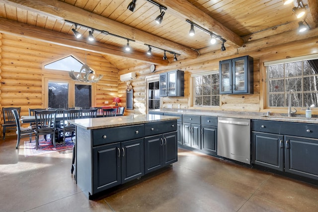 kitchen with dishwasher, sink, log walls, a center island, and wooden ceiling