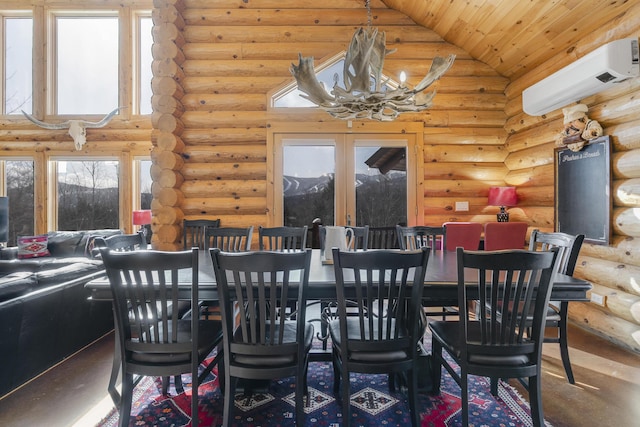 dining room featuring an AC wall unit, high vaulted ceiling, a chandelier, wooden ceiling, and french doors