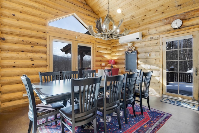 dining space with rustic walls, an inviting chandelier, french doors, wooden ceiling, and an AC wall unit