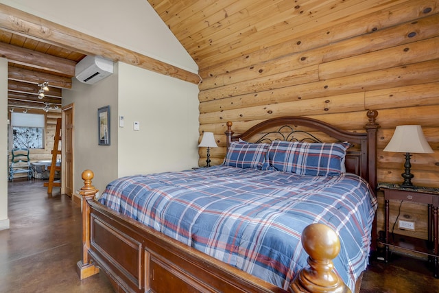 bedroom with log walls, lofted ceiling with beams, wooden ceiling, and a wall mounted AC