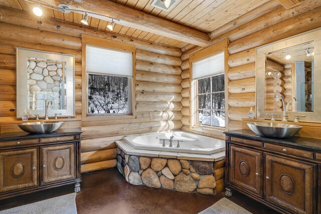 bathroom with vanity, a tub to relax in, wooden ceiling, and rustic walls