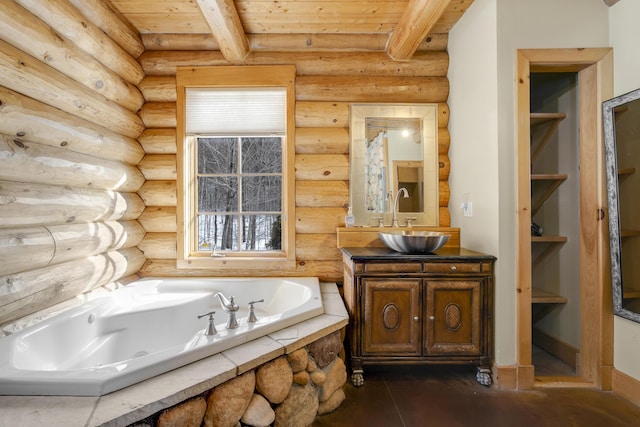 bathroom with beamed ceiling, wooden ceiling, rustic walls, and a bathing tub