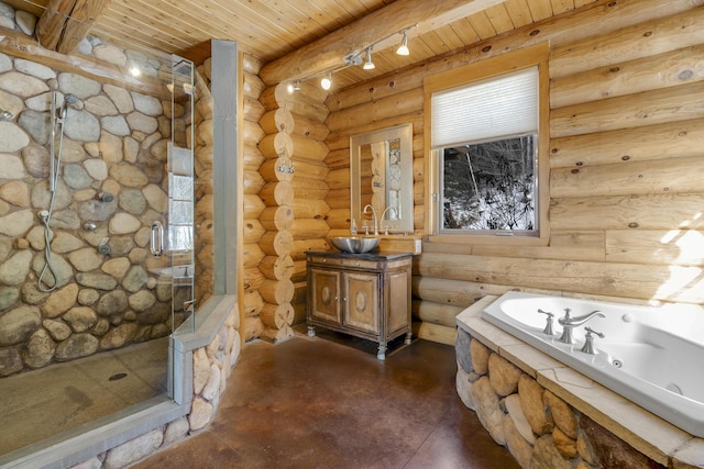 bathroom featuring shower with separate bathtub, concrete floors, wooden ceiling, vanity, and beam ceiling