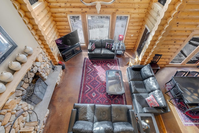 living room featuring rustic walls