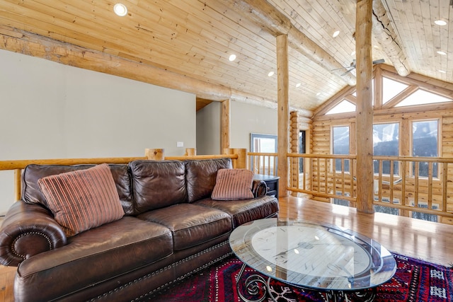 living room with high vaulted ceiling, beamed ceiling, log walls, ceiling fan, and wood ceiling