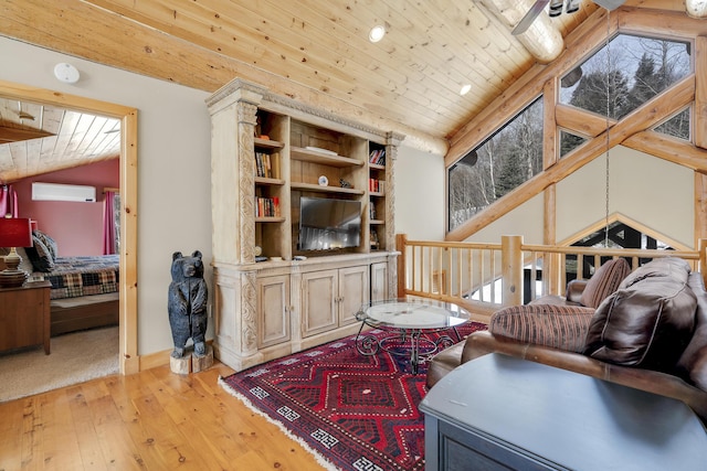 living area featuring wood ceiling, light hardwood / wood-style floors, vaulted ceiling, and an AC wall unit