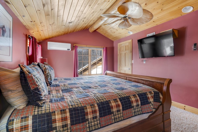 bedroom featuring ceiling fan, vaulted ceiling with beams, wooden ceiling, and a wall unit AC