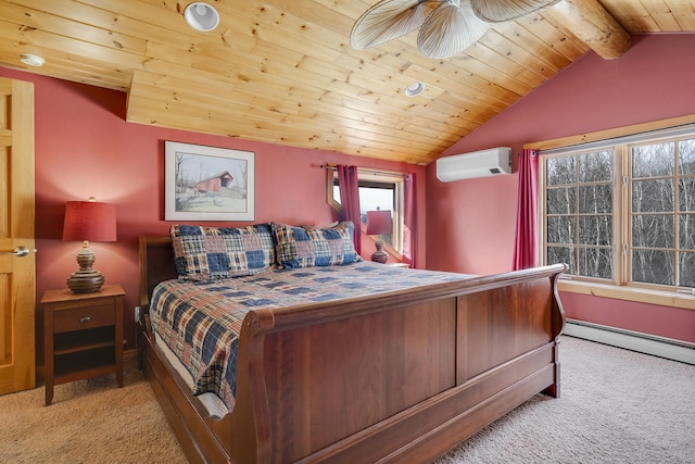 carpeted bedroom with lofted ceiling with beams, a baseboard radiator, a wall mounted AC, and wooden ceiling