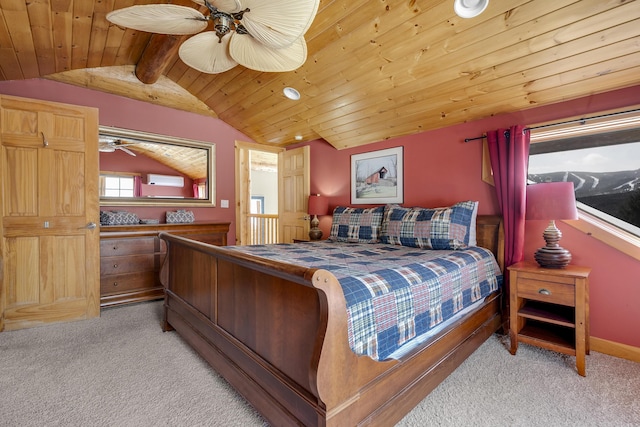 carpeted bedroom featuring wood ceiling, ceiling fan, and vaulted ceiling with beams