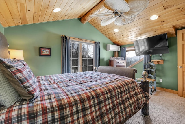 carpeted bedroom featuring vaulted ceiling with beams, a wall mounted air conditioner, and wood ceiling