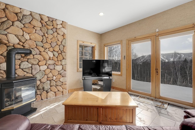 living room with a wood stove