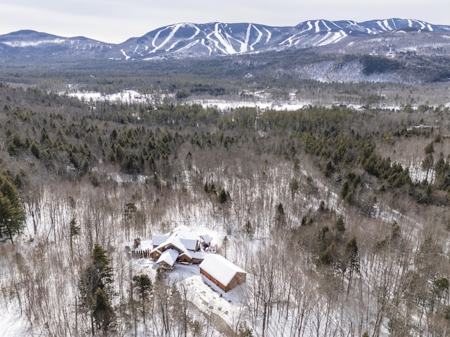 snowy aerial view with a mountain view