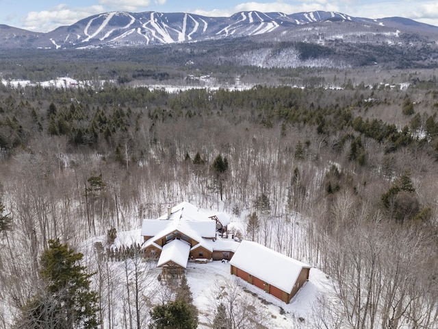 snowy aerial view with a mountain view