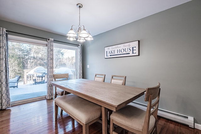 dining room with dark hardwood / wood-style flooring, a chandelier, and baseboard heating