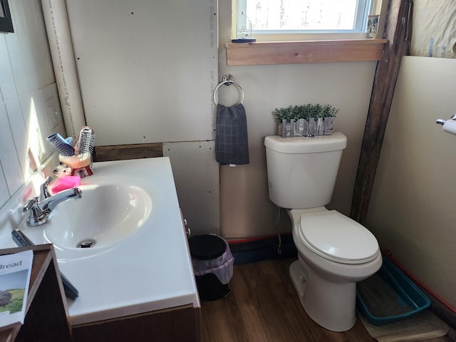 bathroom featuring vanity, wood-type flooring, and toilet