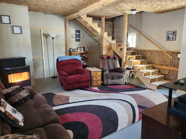 living room featuring brick ceiling