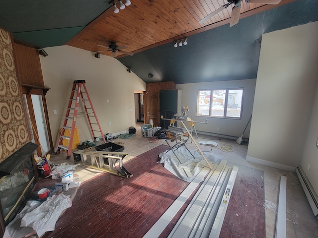 living area with baseboards, a ceiling fan, lofted ceiling, wood ceiling, and a baseboard heating unit