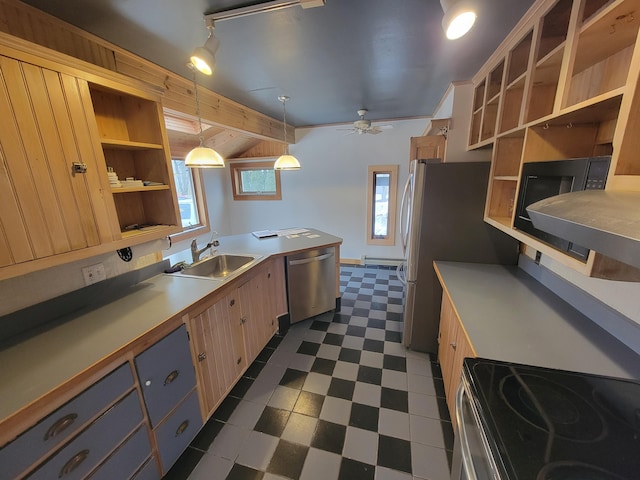 kitchen with dark floors, stainless steel appliances, a peninsula, a sink, and open shelves