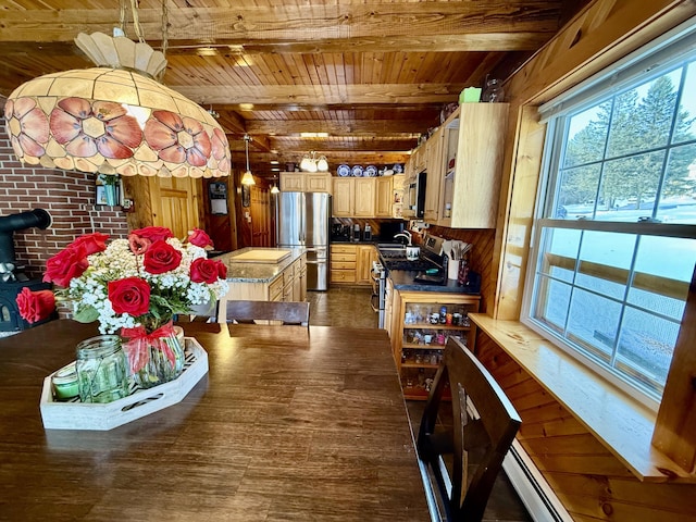 dining area featuring dark hardwood / wood-style floors, sink, wooden ceiling, and beam ceiling