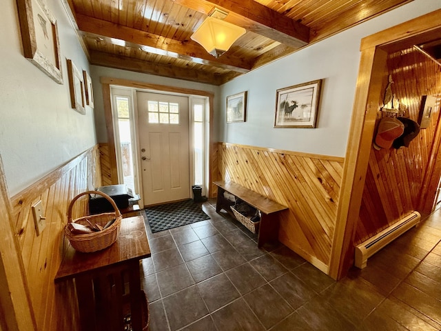 tiled entryway featuring beam ceiling, wooden walls, wooden ceiling, and baseboard heating