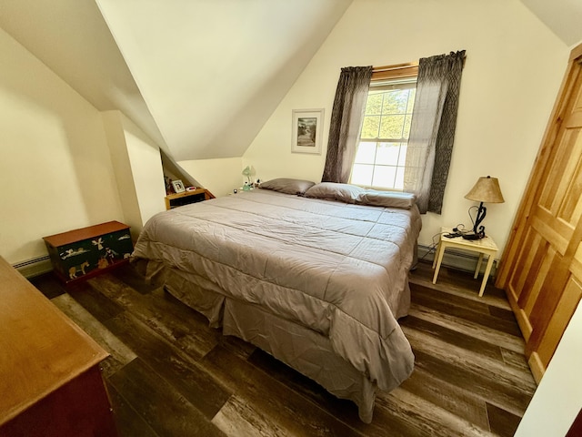 bedroom featuring dark wood-type flooring, lofted ceiling, and baseboard heating