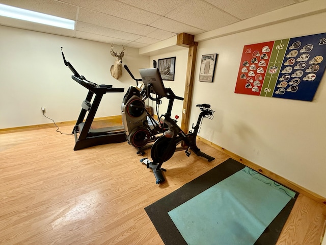 workout room with hardwood / wood-style flooring and a paneled ceiling