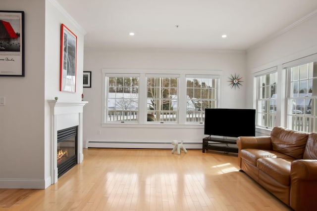 living room featuring ornamental molding and light hardwood / wood-style flooring