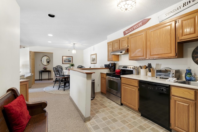 kitchen with dishwasher, sink, kitchen peninsula, light carpet, and electric stove