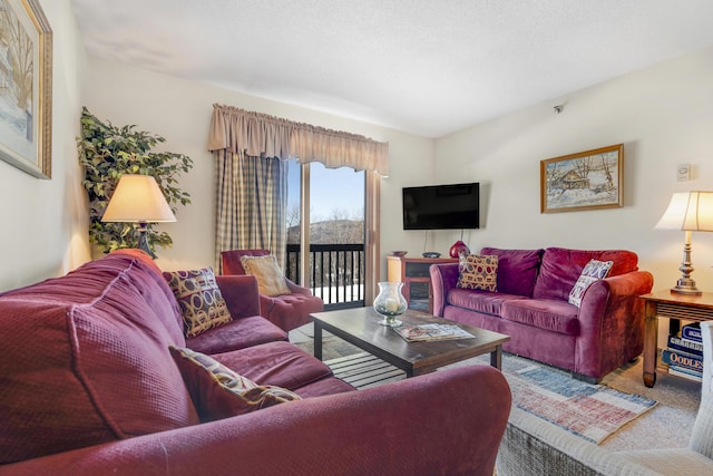 living room with carpet floors and a textured ceiling