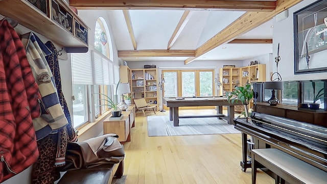 recreation room with vaulted ceiling with beams, billiards, wood finished floors, and recessed lighting