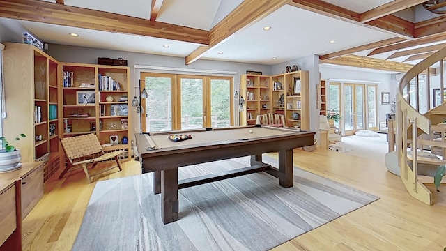 game room featuring beam ceiling, french doors, recessed lighting, light wood-style floors, and billiards