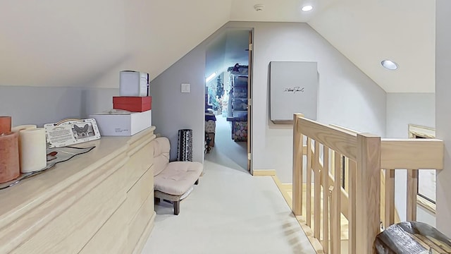 carpeted bedroom featuring lofted ceiling and recessed lighting