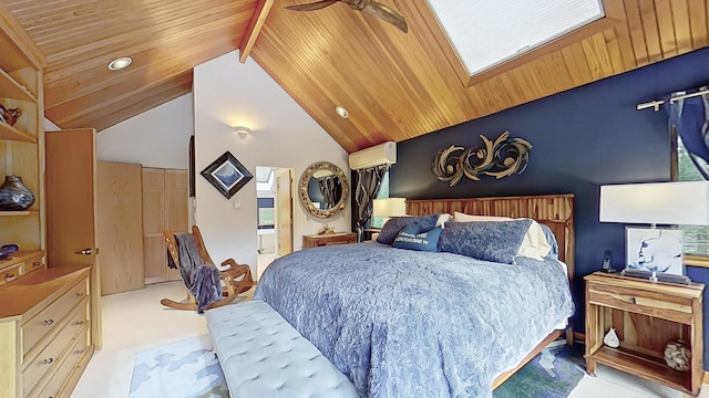 bedroom with a wall mounted air conditioner, a skylight, wood ceiling, beamed ceiling, and carpet