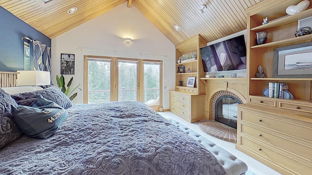 bedroom with wooden ceiling, access to exterior, a brick fireplace, and light carpet