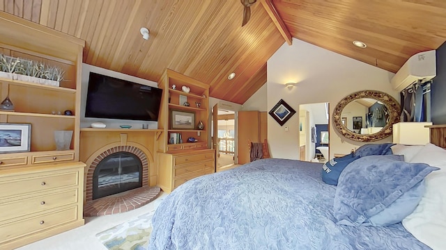 bedroom with a brick fireplace, carpet flooring, high vaulted ceiling, wooden ceiling, and beamed ceiling